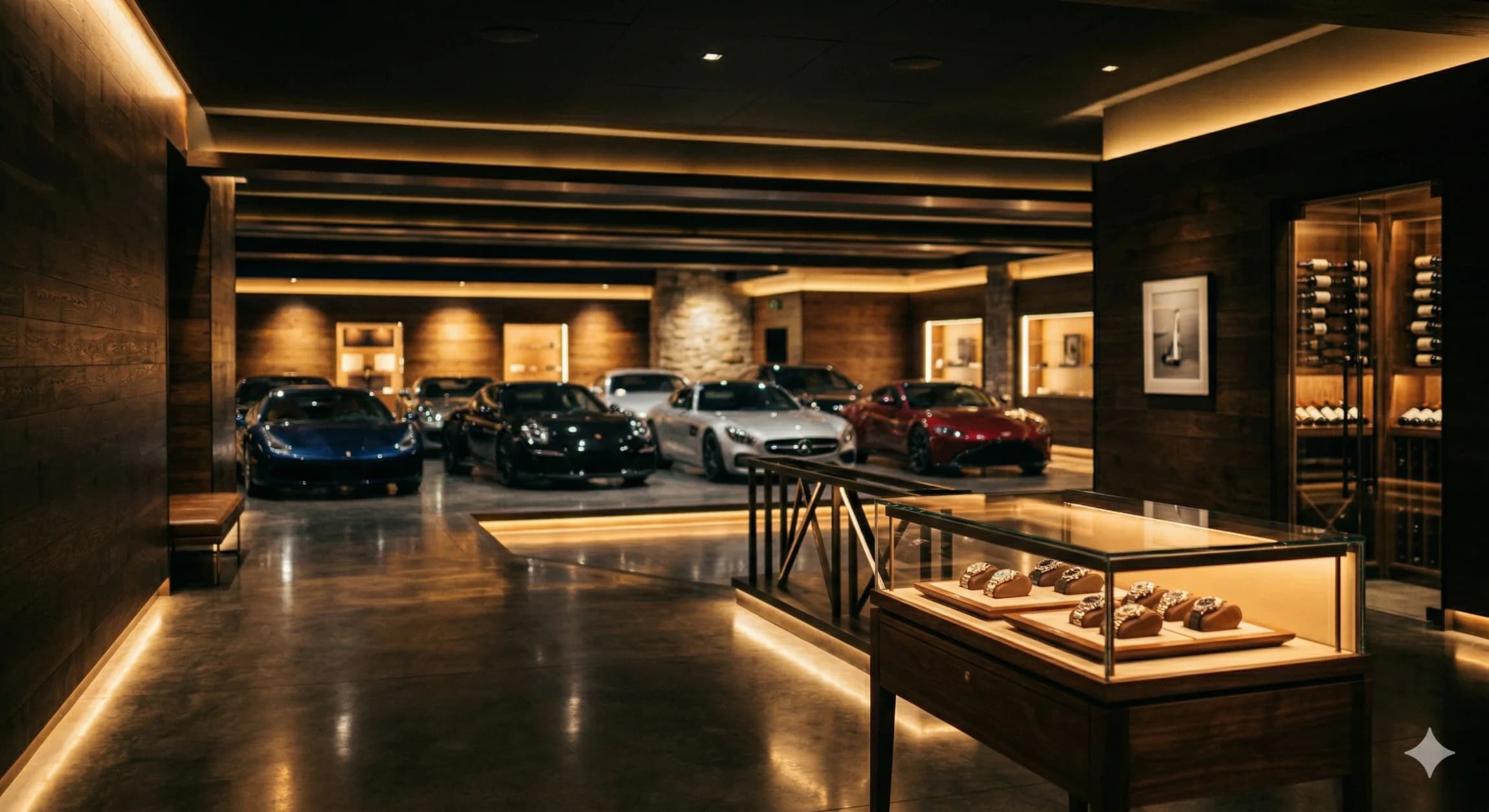 Luxury collection showroom with cars, watches, wine and art